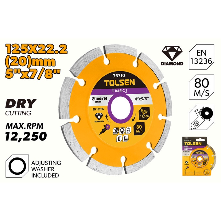 Disc diamant uscat basic TOLSEN 125x22.2 mm, Lama 7 mm, Taiere precisa, Performanta ridicata, Uz industrial si profesional, Disc diamant uscat basic TOLSEN 125x22.2 mm, Lama 7 mm, Taiere precisa, Performanta ridicata, Uz industrial si profesional