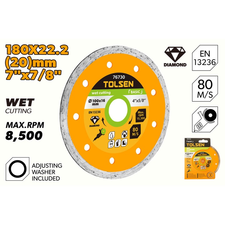 Disc diamant umed basic TOLSEN 180x22.2 mm, Lama 5 mm, Taiere precisa, Performanta ridicata, Ideal pentru aplicatii profesionale si industriale