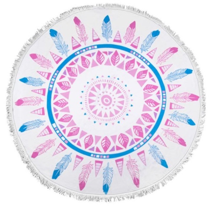 Prosop plaja si picnic, rotund, diametru 150 cm, cu franjuri, design mandala de vara, multicolor