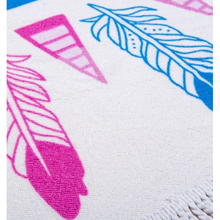 Prosop plaja si picnic, rotund, diametru 150 cm, cu franjuri, design mandala de vara, multicolor