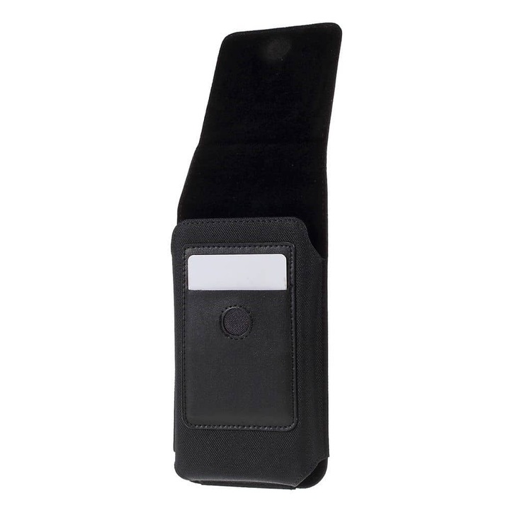 Калъф за телефон, съвместим с Huawei Ascend P7-L10 4G (Huawei Sophia), с метална вертикална щипка за колан, с щипка за карти, текстил, черен