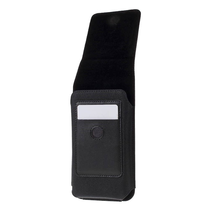 Калъф за телефон, съвместим с Huawei Ascend Y540 Y540-U01, с метална вертикална щипка за колан, с държач за карти, текстил, черен
