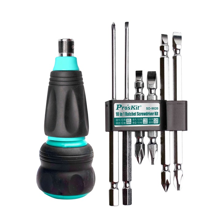 Комплект отвертки ProsKit, 10 in 1, С тресчотка, Черен