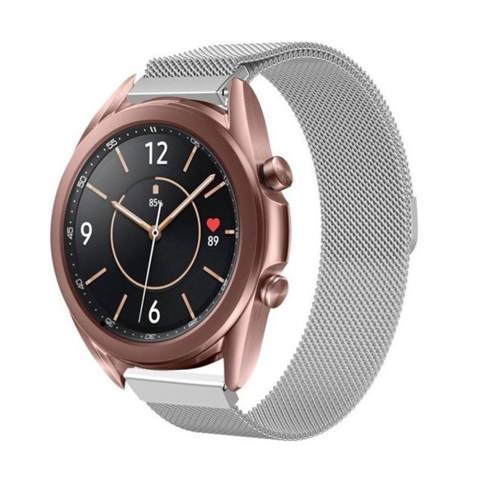Curea metalica MTP Compatibila Samsung Galaxy Watch 3 41mm, Sistem Telescoape Quick Release, Milanese Loop, Silver