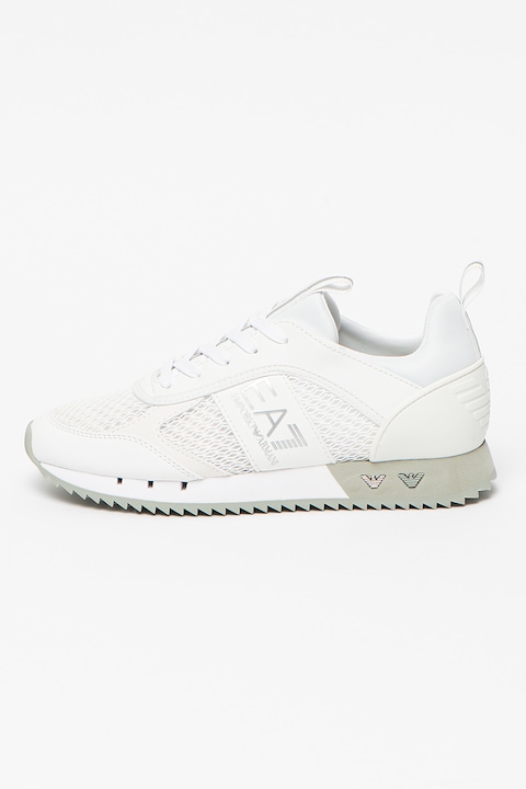 EA7, Pantofi sport cu insertii din plasa, Alb/Argintiu