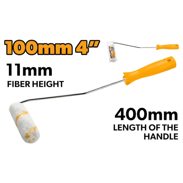 Trafalet TOLSEN 100 mm, fibra 11 mm, poliester si acril, maner 400 mm, ax 5.7 mm, ideal pentru vopsire precisa pe suprafete mici, schimbare rapida a rolei