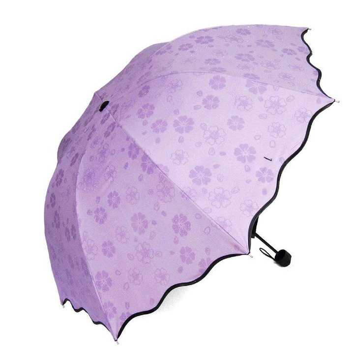 Чадър Magic Umbrella, 90 cm диаметър, с появяващи се цветя, с UV защита, тройносгъваем, лилав