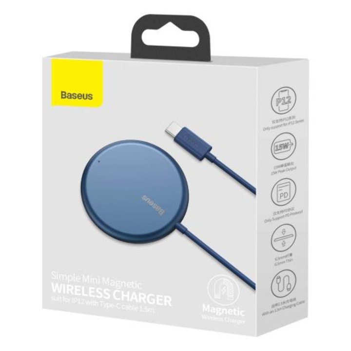 Baseus Wireless Charger Magnetic Simple Mini (suit for IP12 with Type-C cable 1.5m) 15W Blue (WXJK-H03) (WXJK-H03)