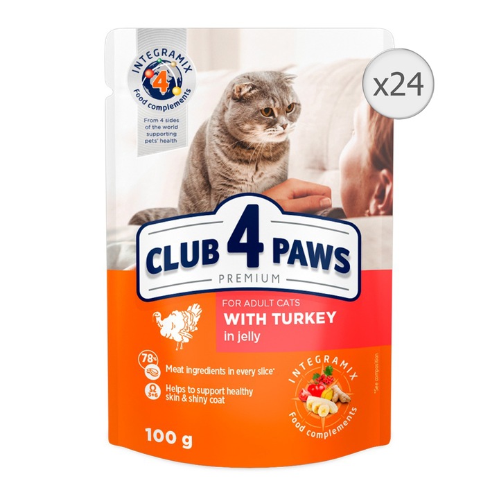 Hrana umeda Club 4 Paws Premium pentru pisici adulte - curcan in jeleu, 24x100g