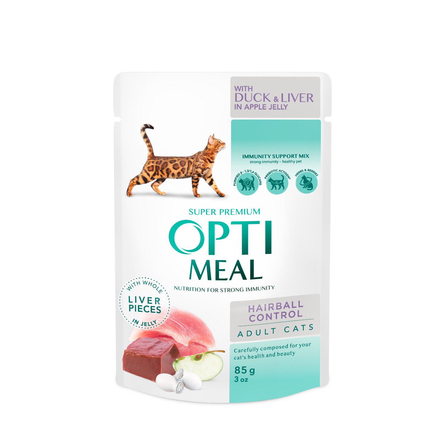Hrana umeda Optimeal pisici Hairball control - rata si bucati de ficat in jeleu de mere, 12x0,085 kg