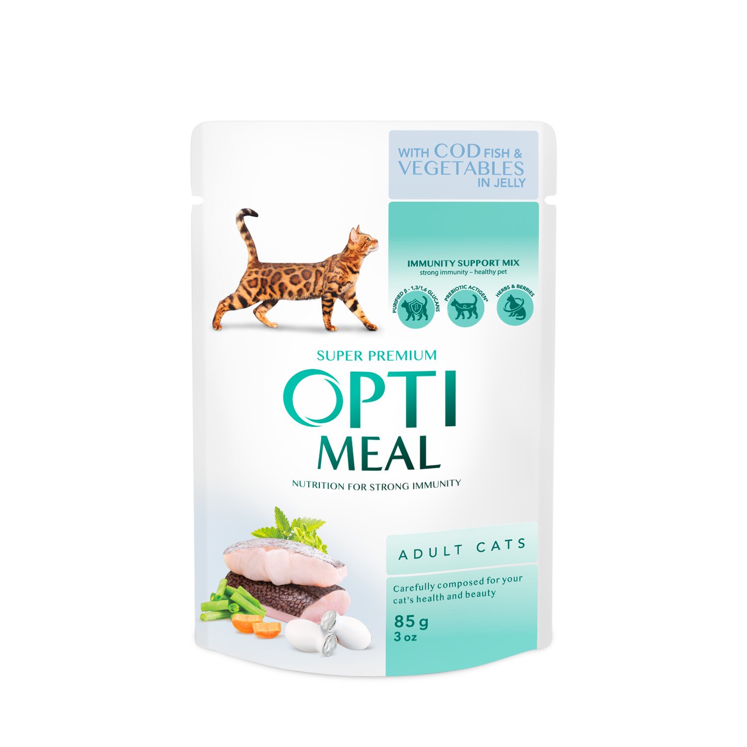 Hrana umeda Optimeal pentru pisici - cod si legume in jeleu, 12x0,085 kg