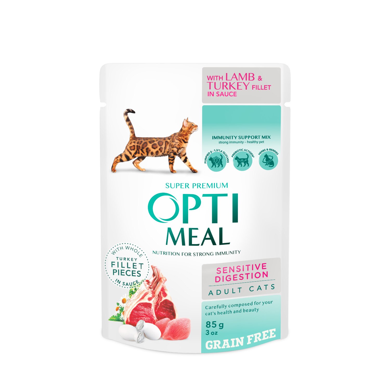 Hrana umeda Optimeal Sensitive Grane Free pisici cu miel si fileu de curcan in sos, 12x0,085 kg
