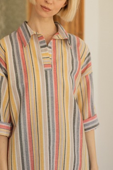 UNDRESS, Bluza de in cu model in dungi, Bej/Albastru/Corai UNDRESS, Bluza de in cu model in dungi, Bej/Albastru/Corai