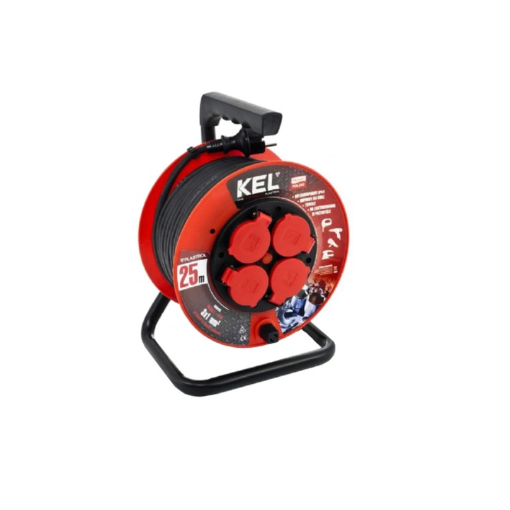 Кабелен удължител с макара KEL, 25M, 4 гнезда, Ip-44- 4X2P+Z, 10A, 2300W, 3X1,5Mm H05Rr-F, Pb-Pro / KEL-W-97054