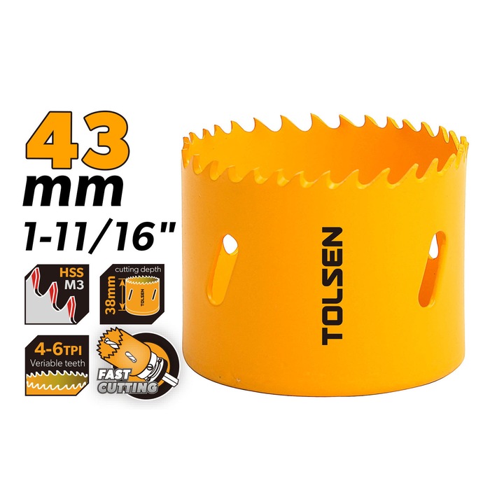 Carota bi-metal TOLSEN 43 mm, HSS M3, adancime taiere 38 mm, dinti variabili 4–6 TPI, pentru metal, lemn si plastic, uz profesional