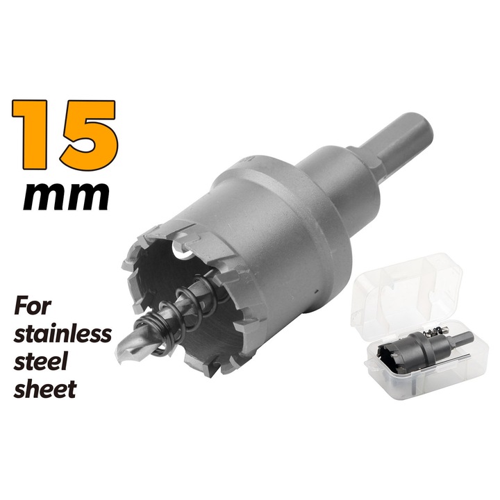 Carota metal TOLSEN 15 mm cu vidia, varf din carburi speciale, taiere cu strat triplu anti-crapare, pentru inox si otel, compatibila cu masini de gaurit portabile si tip stalp