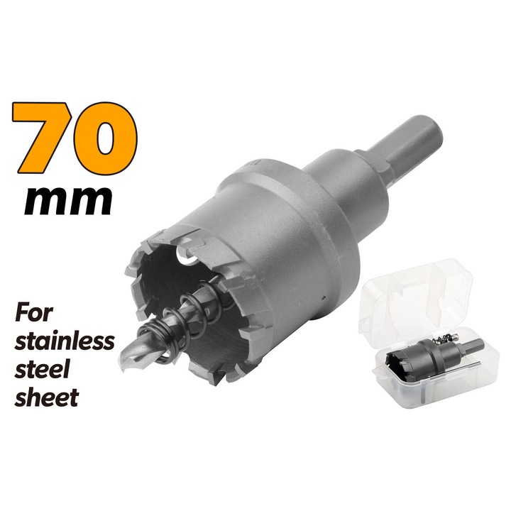 Carota metal TOLSEN 70 mm cu vidia, varf din carburi speciale, taiere cu strat triplu anti-crapare, pentru inox si otel, compatibila cu masini de gaurit portabile si tip stalp