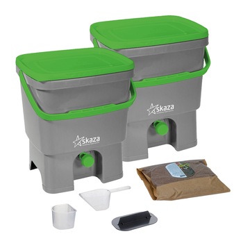 Set 2 cosuri pentru compostarea resturilor organice, Bokashi Organko, bucatarie si gradina, din plastic reciclat, gri/verde, 2 x 16 L cu 1 kg accelerator de compost Set 2 cosuri pentru compostarea resturilor organice, Bokashi Organko, bucatarie si gradina, din plastic reciclat, gri/verde, 2 x 16 L cu 1 kg accelerator de compost