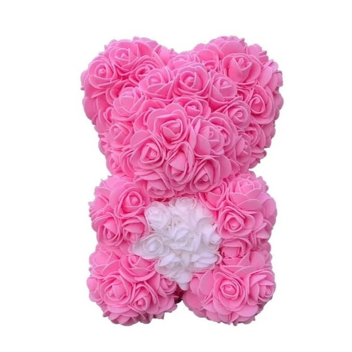 Rózsa maci, örök virág maci díszdobozban 25 cm - rózsaszín - fehér
