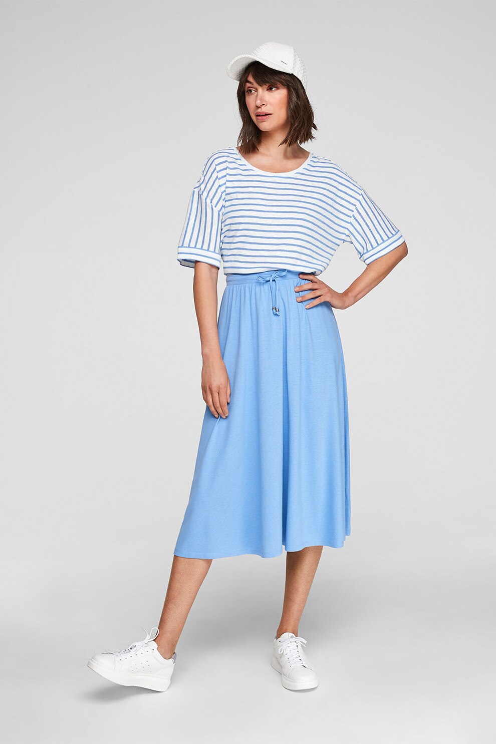 s.Oliver, Fusta midi evazata din amestec de modal cu snur de ajustare, Albastru deschis