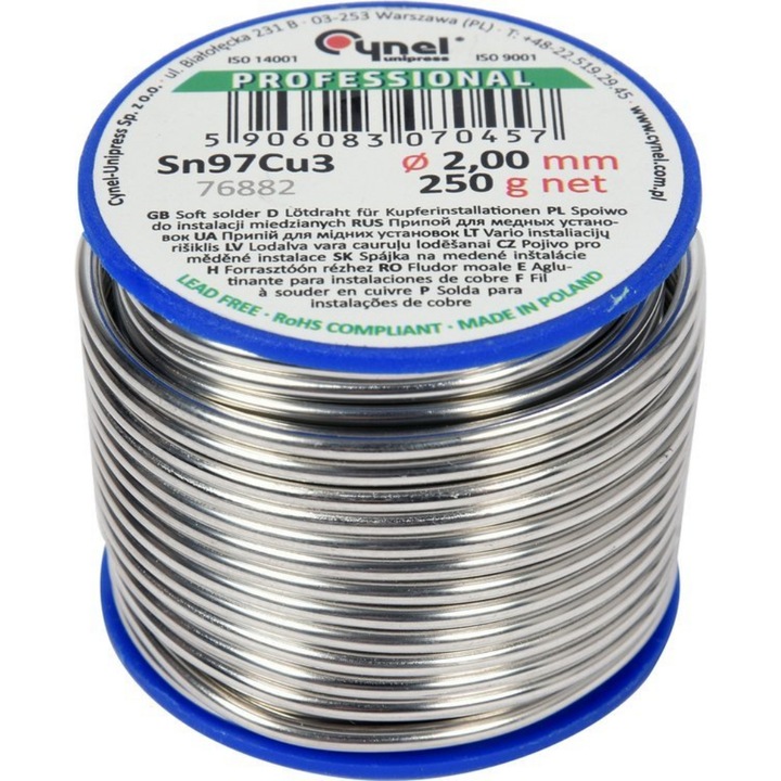 Припой Cynel SN97CU3, мек, калаено-меден, 250 гр, Ф 2 мм