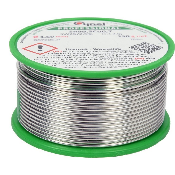 Fir pentru sudura, Cynel, SN99.3CU0.7, 250 g, Ф 1,5 mm, Argintiu