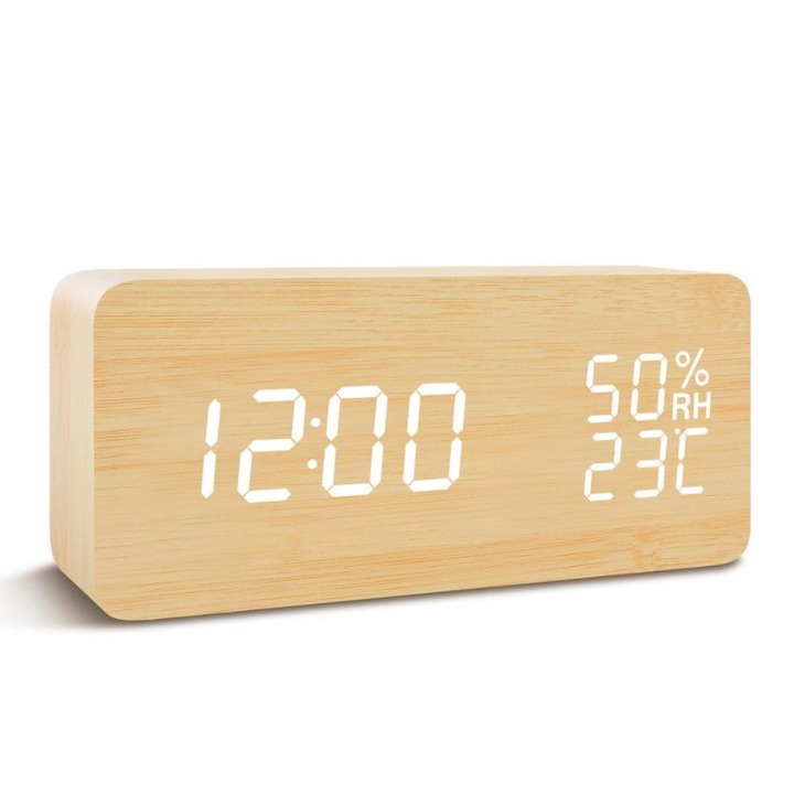 Ceas LED , lemn deschis, afisaj digital , senzor sunet, termometru, alarma