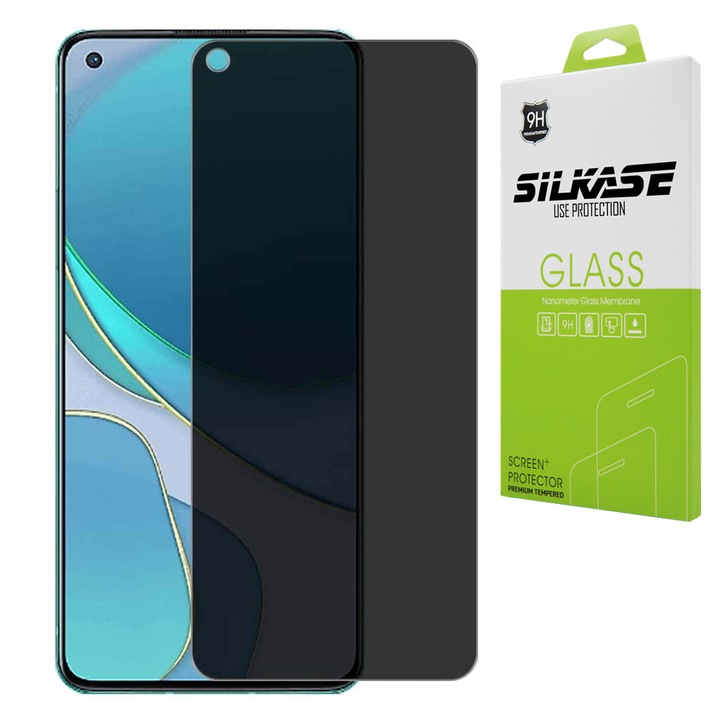Протектор за екран SILKASE, За OnePlus 8T, Функция за поверителност, Full Glue, Full Cover, Закалено стъкло 9H, Черен
