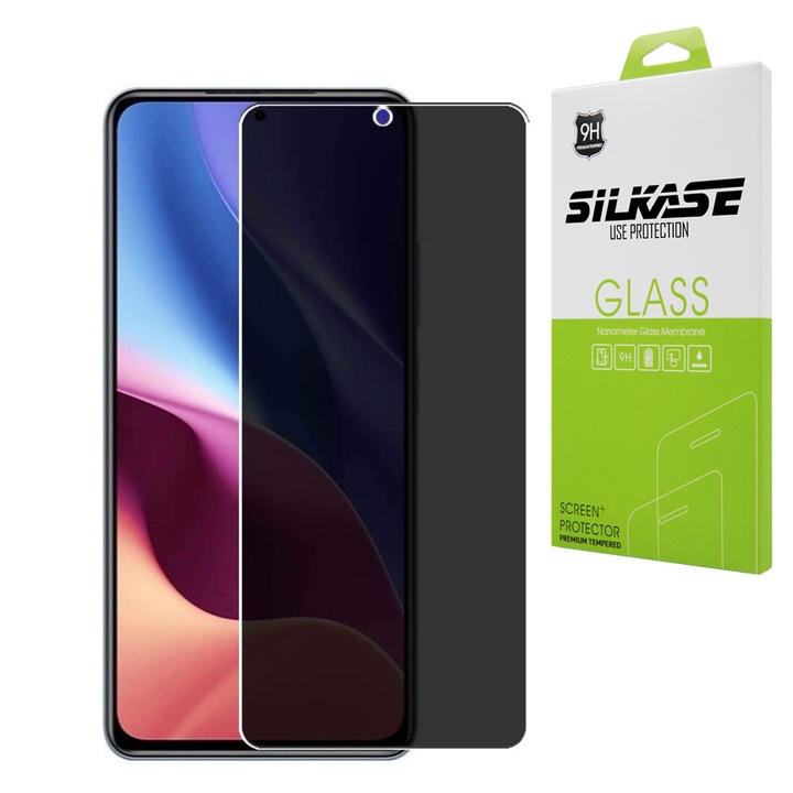 Протектор за екран SILKASE, За Xiaomi Poco F3, Функция за поверителност, Full Glue, Full Cover, Закалено стъкло 9H, Черен