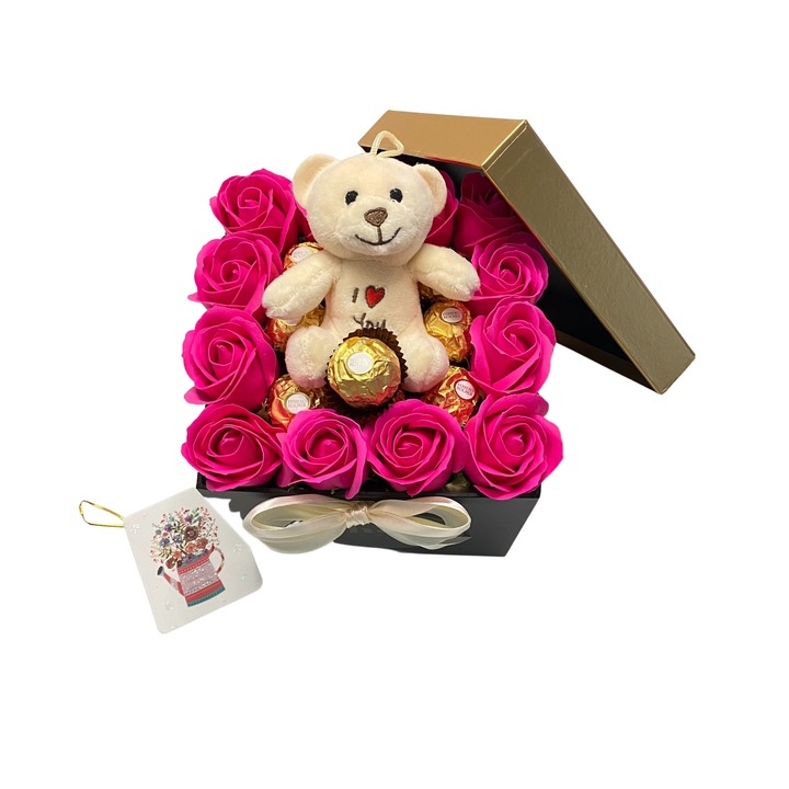 Cutie Cadou, ChocoBox, Lovely Box II, include Ferrero Rocher, Trandafiri si Ursulet