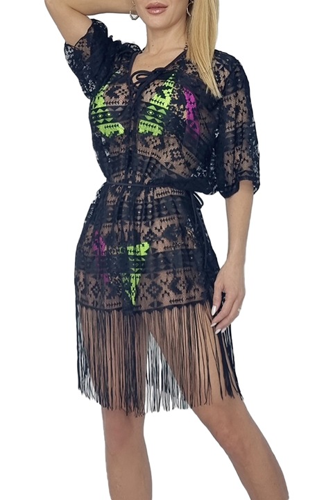 Cardigan de plaja tip rochie Eveea cu franjuri, Negru