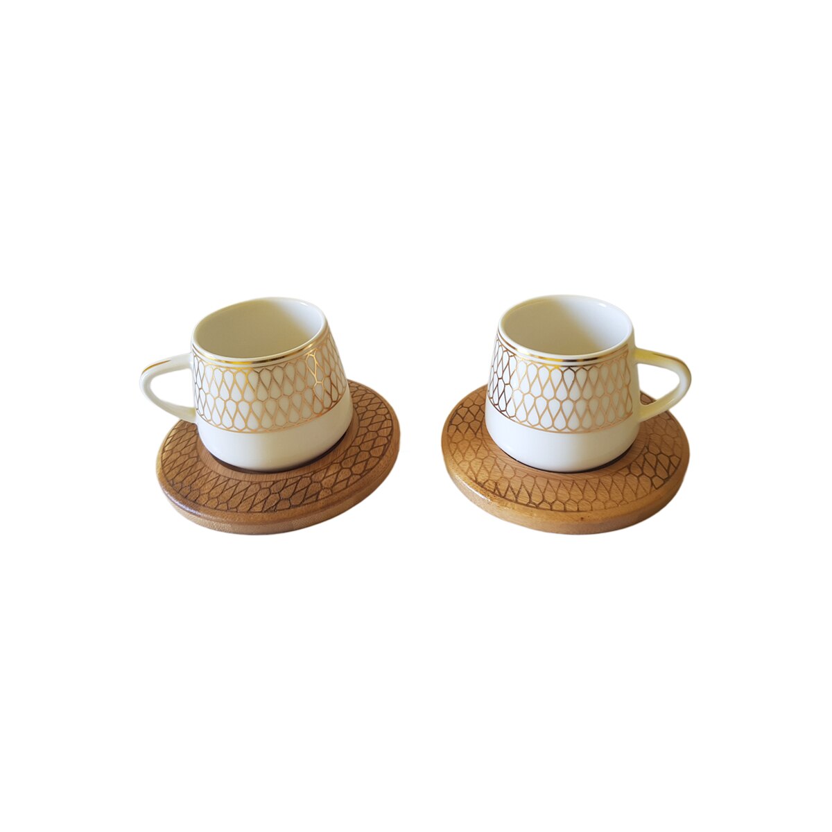 Set 2 cani pentru cafea turceasca, din portelan cu suport din bambus, Bambum Hattat, 6x10.7 cm
