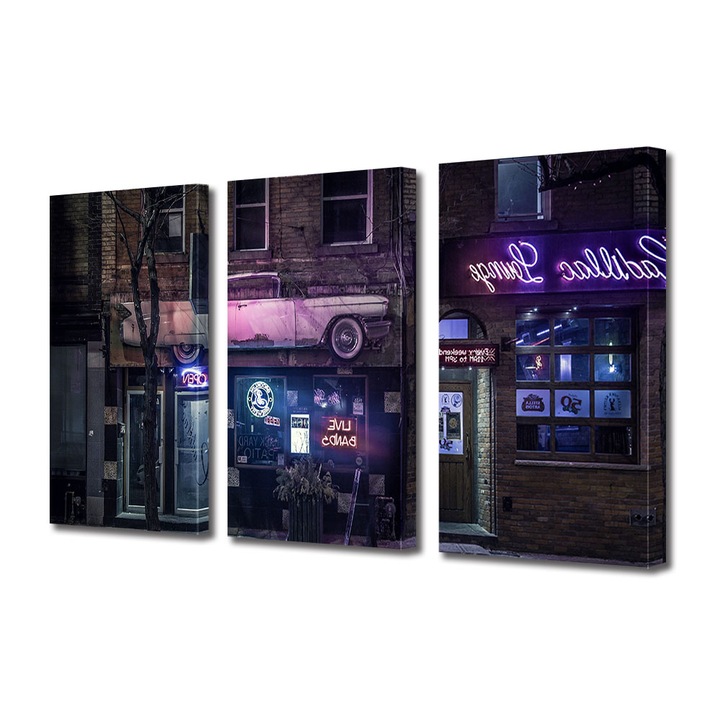 Set Tablouri Multicanvas 3 piese, Art Star, Strada pustie noaptea, Vintage, Panza pe cadru de lemn, Decoratiuni Moderne pentru Casa, 3 x 40 x 60 cm