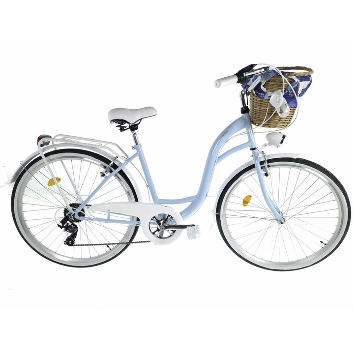 Велосипед Dallas™ City, 7 скоростен, Kолела 28", Син/Бял, 155-185 cm височина, Плетена кошница