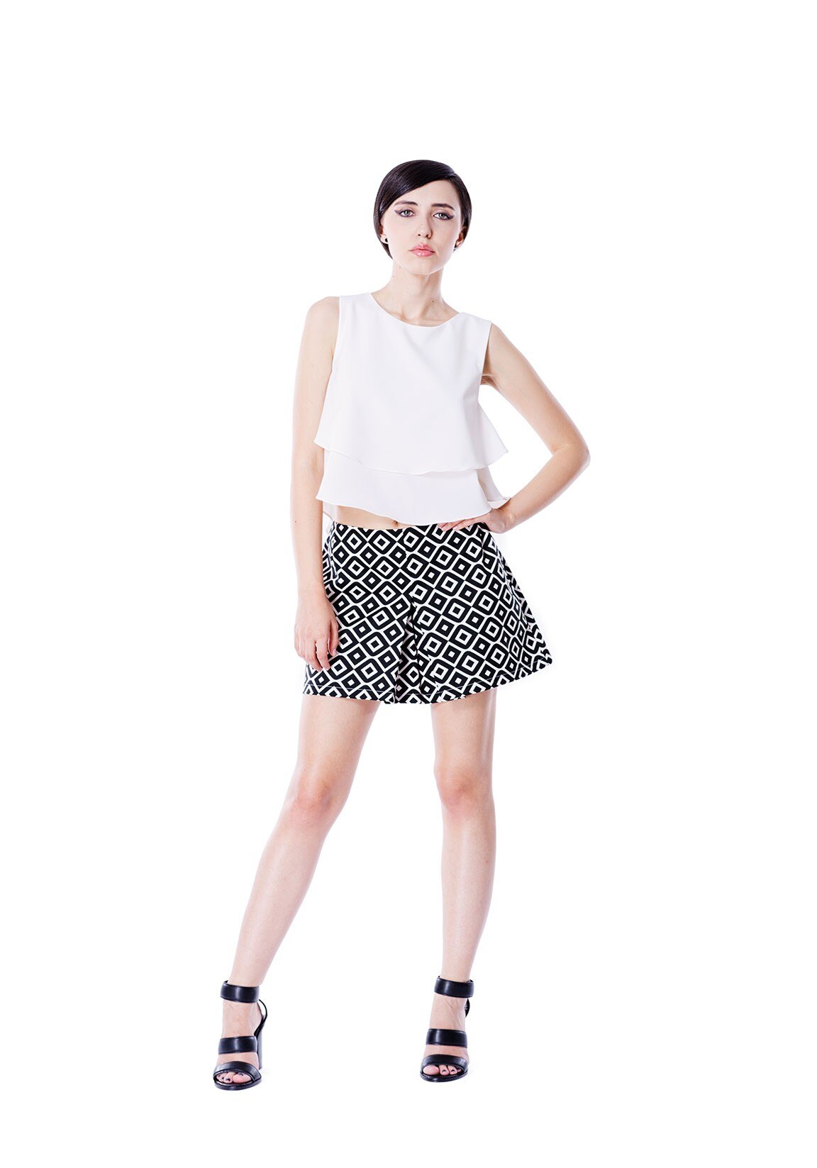 Fusta-pantalon, KVINNA, imprimeu grafic alb-negru, bumbac