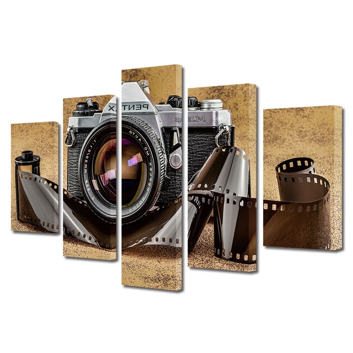 Set Tablouri Multicanvas 5 piese, Art Star, Camera de fotografiat si banda cu imagini, Vintage, Panza pe cadru de lemn, Decoratiuni Moderne pentru Casa, 70 x 125 cm