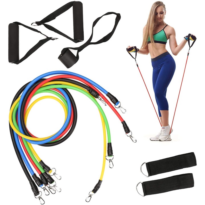 Set de benzi de rezistență pentru antrenament, 11 piese, bandă elastică pentru exerciții, antrenament și fitness, acasă și la birou