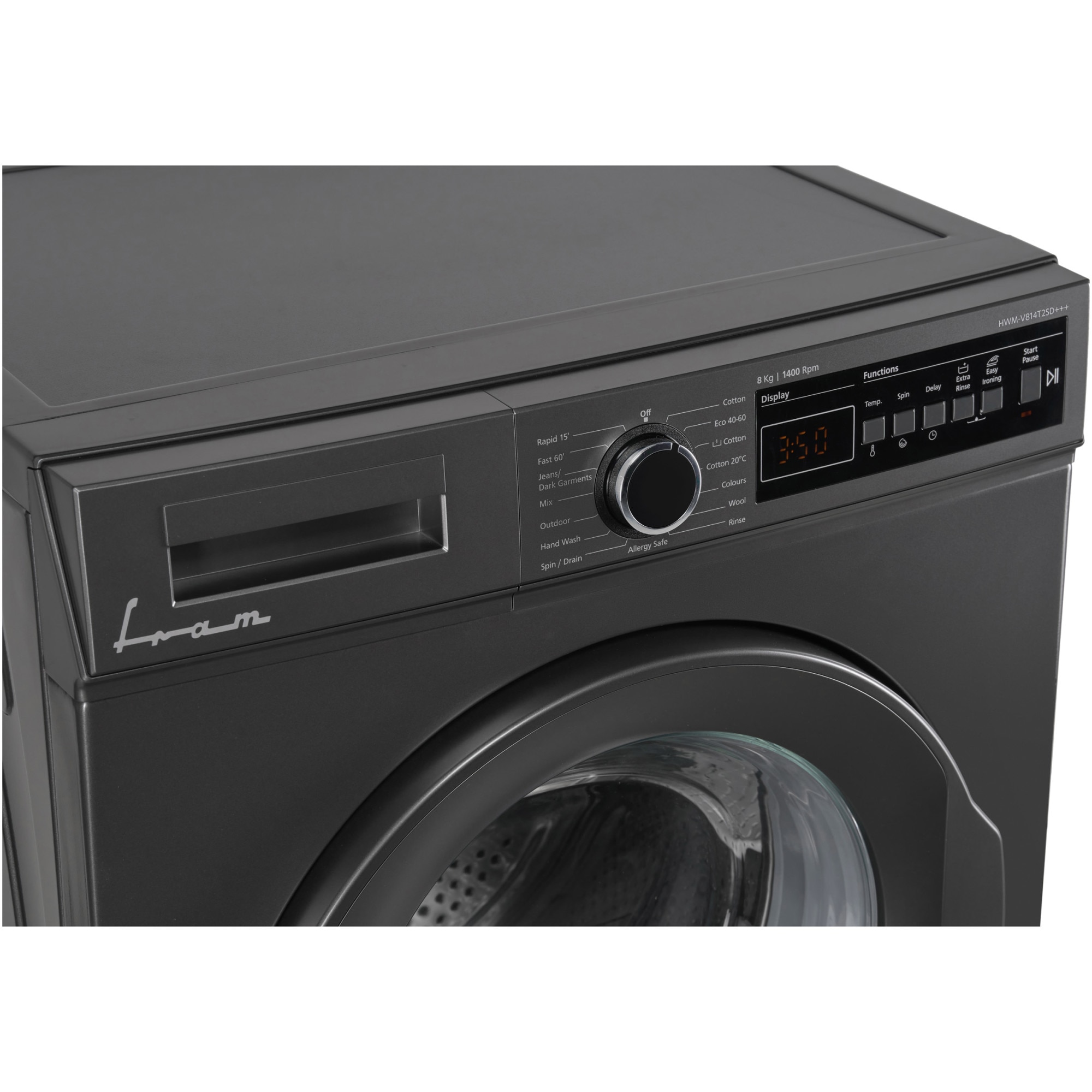 Masina de spalat rufe Fram FWM-V814T2SD+++, 8 kg, 1400 rpm, Clasa D, Display digital, Start intarziat, Anti-Sifonare, Eco-Logic, Allergy safe, Gri