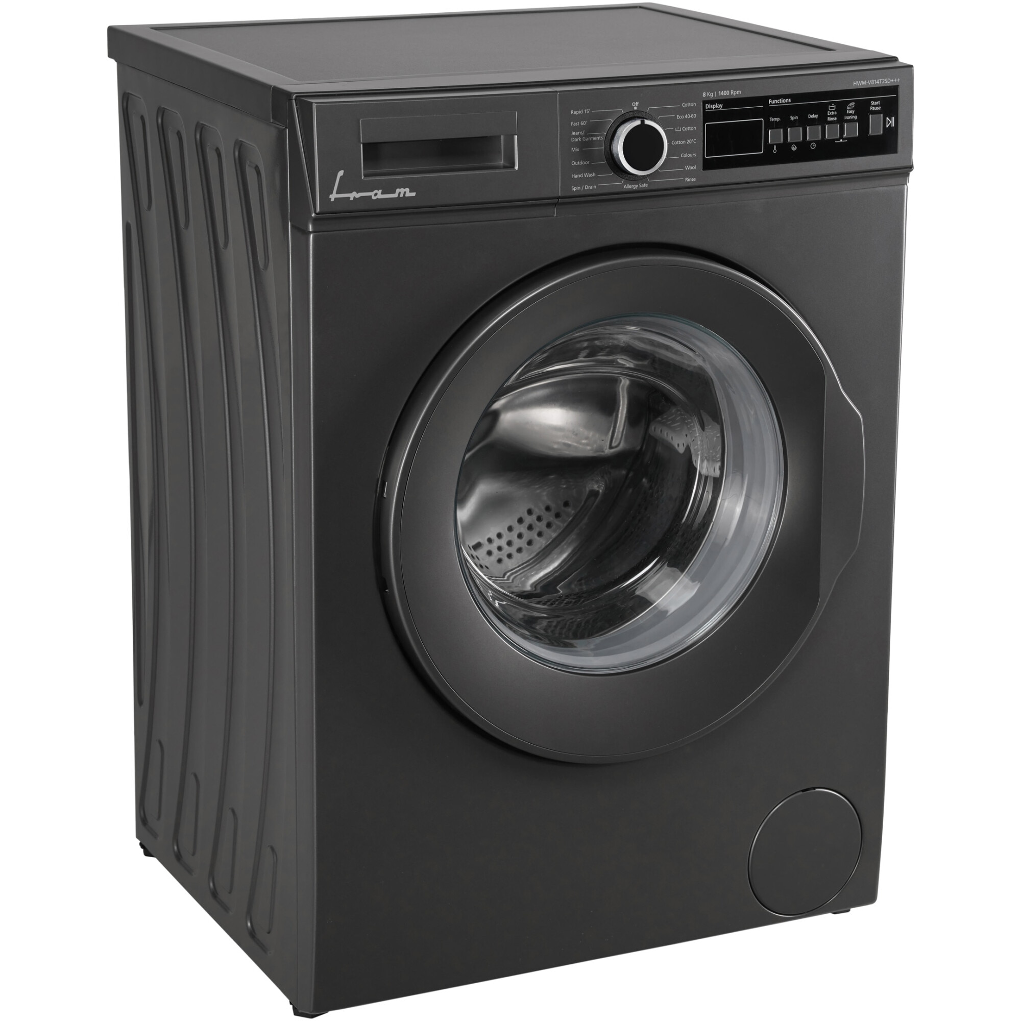 Masina de spalat rufe Fram FWM-V814T2SD+++, 8 kg, 1400 rpm, Clasa D, Display digital, Start intarziat, Anti-Sifonare, Eco-Logic, Allergy safe, Gri