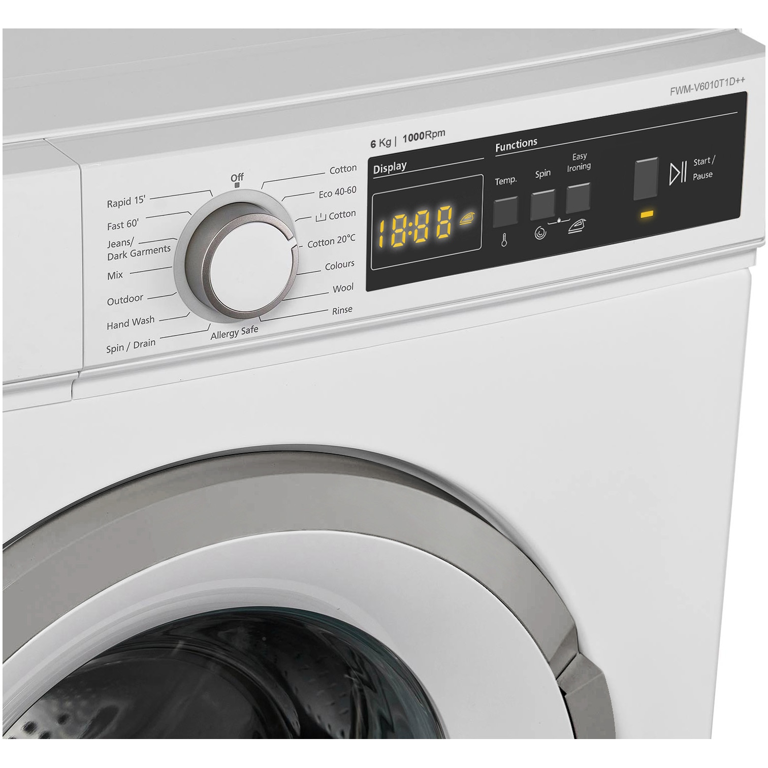 Masina de spalat rufe Fram FWM-V6010T1D++, 6 kg, 1000 rpm, Clasa D, Display LED, Anti-sifonare, Eco-Logic, Alb