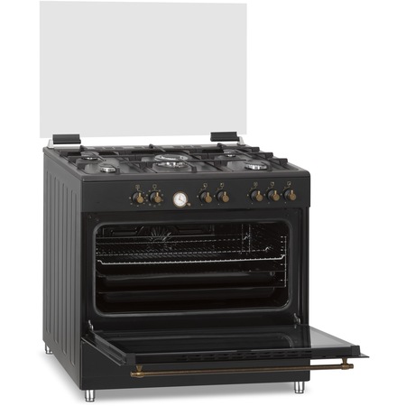 Aragaz Fram FFSC-S90MLITGCF-RBK, Mixt, Multifunctional, 5 arzatoare, Wok, Aprindere electrica, Gratar fonta, Timer, Grill, Ventilatie, Lumina cuptor, Duze GPL incluse, 90 cm, Negru