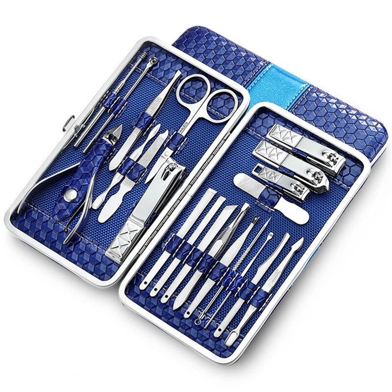 Set 18 piese manichiura Kaypsre, Otel inoxidabil/ PU, Albastru