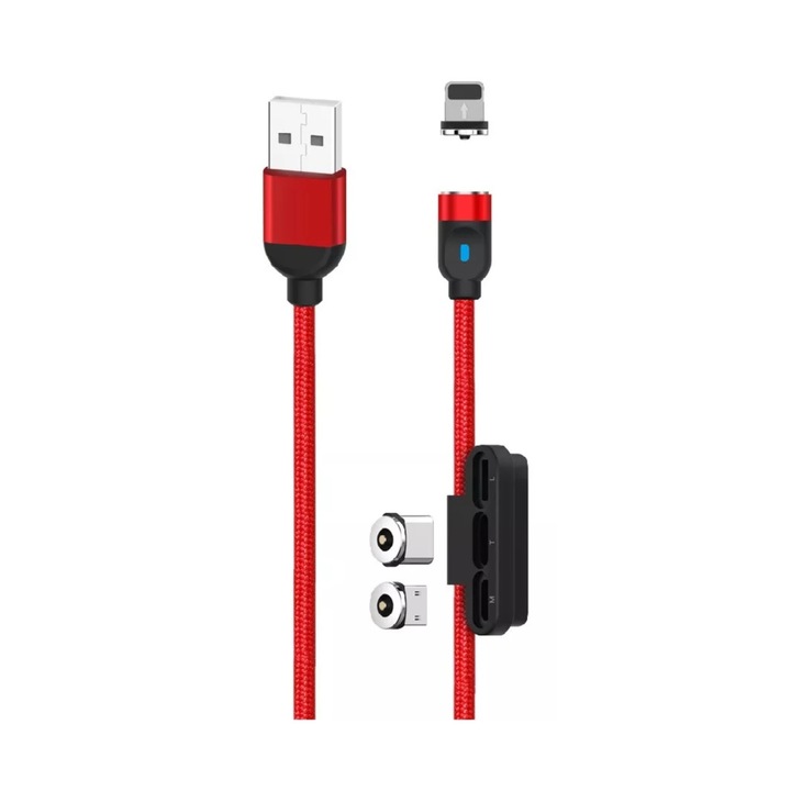 Cablu magnetic 3 in 1 Lightning, Type-C, microUSB, 1 metru, Rosu Negru, BBL2410