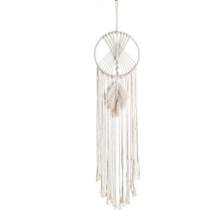 Ловец на сънища BOHO Macrame Round с лист, 95 см, Кремав