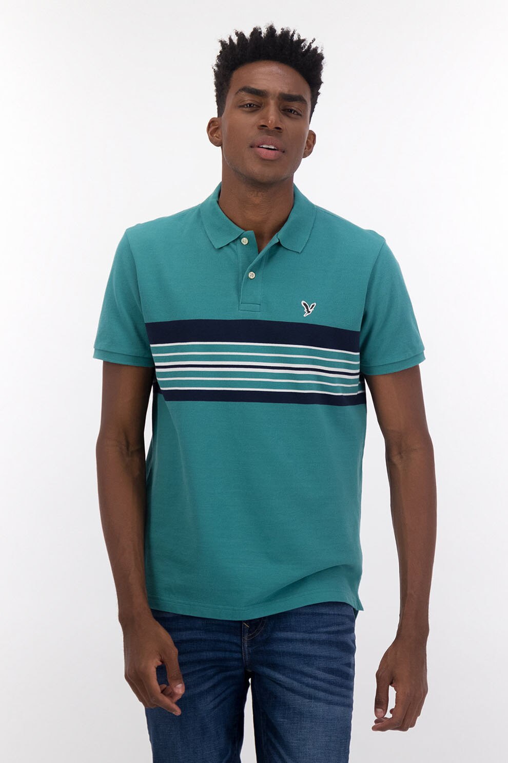 American Eagle, Tricou polo, Verde persan/Bleumarin/Alb