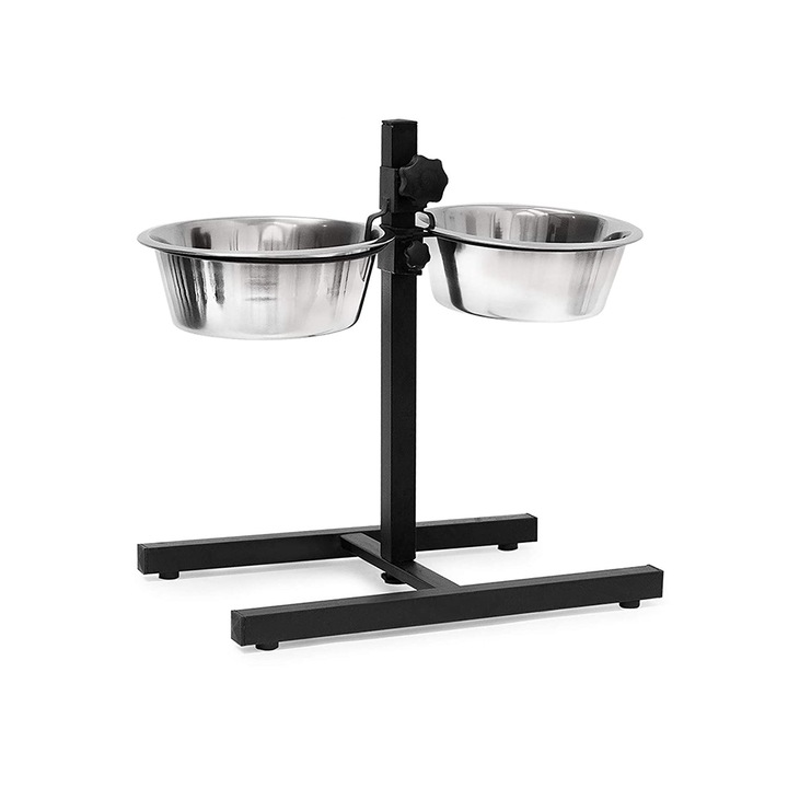 Castron dublu pentru caini, Reglabil pe inaltime 42 cm, Otel, 2 x 1.55 L