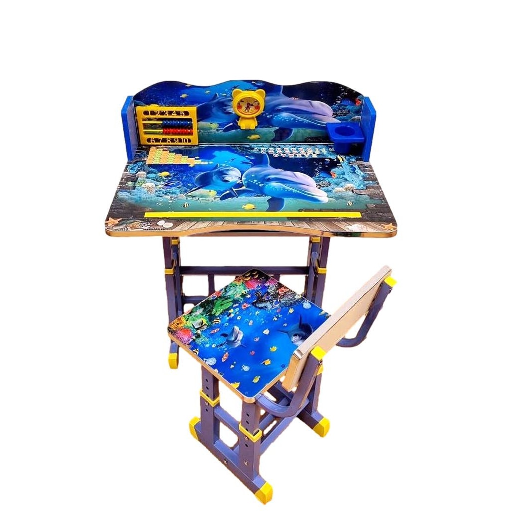 Birou cu scaun pentru copii, reglabil, cu numaratoare si ceas, Delfini, Albastru, M23