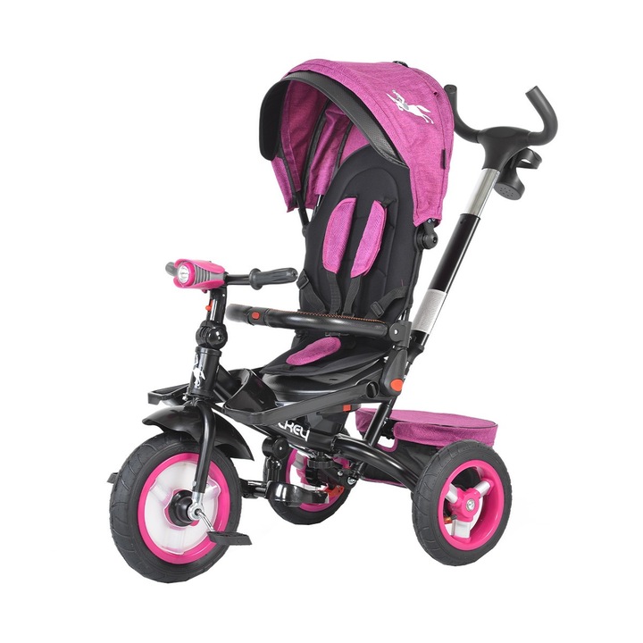 Tricicleta cu copertina detasabila NOVOKIDS™ Jockey Trike, Cu far luminos si melodii, Roti gonflabile din cauciuc, Rotire 360 grade, Cadru metalic, Dimensiuni 120X54X100 cm, Mov