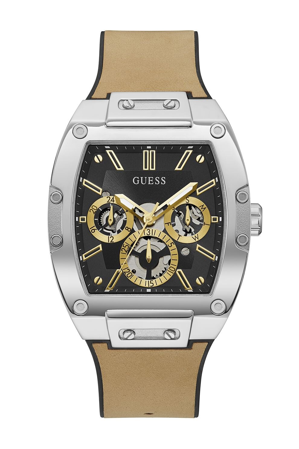 Guess, Ceas cu functii multiple si cadran cu mecanism vizibil, Maro camel/Negru