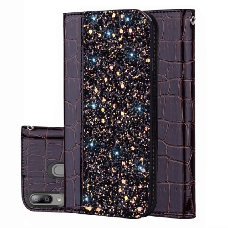 Husa Lemontti Flip Leather Case Glitter Powder compatibil cu Samsung Galaxy A20e, Black